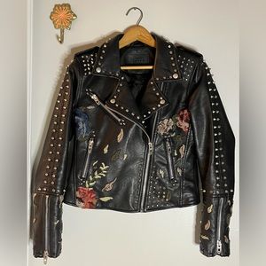 BlankNYC Studded Floral Embroidered Leather Moto Jacket